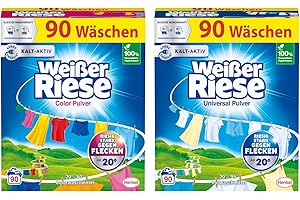 ‎WEIßER RIESE WEISSER RIESE Pulver-Set 2x 90 Waschladungen (180WL) 1x Color & 1x Universal, Color- & Vollwaschmittel wirkt riesig stark gegen Flecken, Kalt-Aktiv schon ab 20° C, ergiebiges Waschpulver