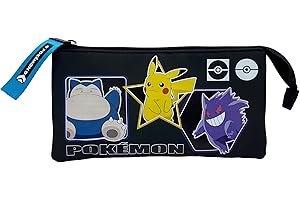 CYPBRANDS Pokémon- Estuche Triple, Portatodo, 5 compartimentos, Material Escolar, Estuche. Geo. Color negro, Producto Oficial