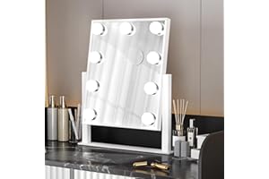 Bayt Espejo Hollywood 36 x 30 cm - Espejo de Maquillaje con Luz 9 Bombillas - Espejo de Aumento x10 (Blanco)