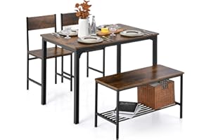 TANGZON Dining Table and 2 Chairs with Bench, 4 Piece Metal Frame Kitchen Table and Chairs Set with Storage Rack, Wooden Dining Room Sets Furniture for Home Living Room Restaurant (Rustic Brown)