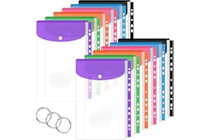Vakki Lot de 12 porte-documents A4 transparents à ranger - Avec 11 bords perforés - Bouton pression pour organiser des documents - 6 couleurs