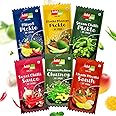 Add Me pickle pouch mango, green chilli, mixed pickles Dhaniya Pudina chutney, khatti meethi chatni, Sweet Chilli garlic sauce 12gm each | Combo Assorted Pack of 6x8 = 48 sachets (576gm)