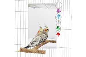 DNOIFNE Specchio per Uccelli di Grandi Dimensioni con Posatoio, Specchio per Pappagalli con Campanelli Oscillanti, Accessori per Gabbie, Adatto a Pappagallini, Cacatua, Conuri e Inseparabili - 30 × 20 cm
