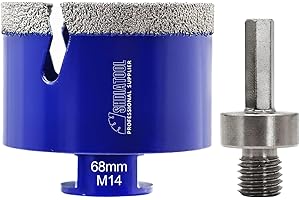 SHDIATOOL Diamentowe wiertła do płytek, koronki wiertnicze, przecinarka do płytek z gwintem M14, do porcelany, marmuru, ceramiki, granitu, cegieł, 68 mm wiertła i adaptera z gniazdem