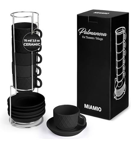 Hasense Set Of 4 Black Ceramic Cappuccino Cups & Saucers - 6 Oz Ribbed Espresso Cups For Coffee & Tea