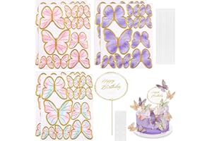 DTYGUIXE Decoración para Pastel de Cumpleaños, 60 Toppers para Pastel de Mariposa con Palitos y 2 Toppers para Tarta de Feliz Cumpleaños en Inglés Adornos para Tartas de Boda Bautizo Comunión