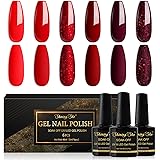 Shining She Smalto Semipermanente per Unghie, 6 Colori Rosso Bordeaux Rosso Bruno Glitter, Soak-Off UV per Novice Nail Art DI