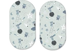 NAZNA LINEN 100% Pure Cotton Pack of 2 Moses Basket Fitted Sheets - Soft, Cozy Pram Fitted Sheets - Breathable & Anti-allergic Bassinet Fitted Sheets (Grey - Teddy & Stars, 81 x 41 cm)