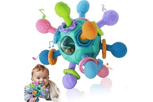 KATIETOY Jouet Bebe 6 Mois - Anneau Dentition Hochet Bebe 0-3 Mois, Balle Sensorielle Bebe avec Secouer/Claquer/Rotation, Jouet Bebe 4 8 9 12 Mois, Cadeau Naissance Fille Enfant et Garçon (Bleu)