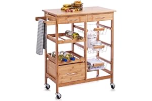 BAKAJI Carrello da Cucina in Legno di Bambù con Ripiano Tagliere 2 Cassetti Portaposate Portastrofinacci Portabottiglie 3 Ceste Portafrutta Metallo e 4 Ruote Girevoli Carrello da Portata Portavivande