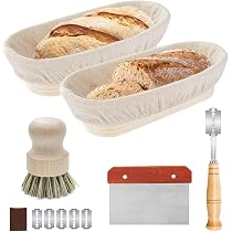 Set Banneton Pour Pain DeJivsin - Panier Fermentation Ovale 25cm Accessoires (brosse, Couteau, Sac) - Pour Pâte