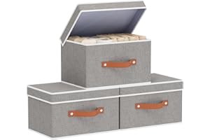 YheenLf Set de 3 Cajas Almacenaje con Tapa, Plegable Cestas Organizadoras con Asas, Caja Almacenamiento Ropa para Libros, Mantas, Sábanas, Gris, 33×23×20 cm
