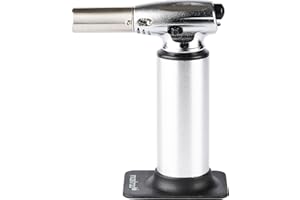 Mastrad – Chalumeau de Cuisine Professionnel – Flamme Puissante et Réglable – Mode Continu & Socle Amovible – Jusqu’à 45 min d’Utilisation – Rechargeable au Gaz à Briquet – Corps Inox & Aluminium