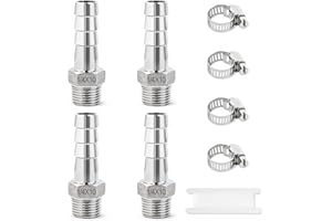 Josaton 4 Pcs Barb Hose Fitting Stainless Steel 1/4” Male x 10mm Barb, Hose Barb Connector with Hose Clamp 4 Set Barb Pipe Fitting for Air Water Fuel