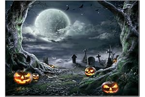 AIIKES 7x5FT Fondo de fotografía de Halloween Fondo de Noche de Terror Fondo de Linterna de Calabaza Noche Oscura Gran árbol Luna Fondo de Nube Blanca Fondo de murciélago 11-897