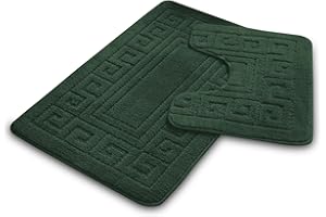 VELVETIO Bath Mat Set 2 Piece Machine Washable for Bathroom, Jacquard Greek Non Slip Quick Dry Shower Rugs & Bathtub Mats, Highly Water Absorbent 100% Polypropylene Toilet Rug Sets, Dark Green