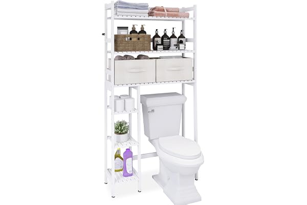 SMIBUY Badrumsförvaringshylla med låda, Bambu Over-The-Toilet Organizer Rack, Fristående toalettutrymmesbesparare med 3-vånings justerbara hyllor