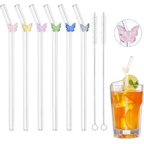 Lot De 6 Pailles En Verre Réutilisables Avec Brosses - Verre Borosilicate Résistant, Design Courbé Coloré | Pour Jus, Cocktails, Boissons Chaudes - 8