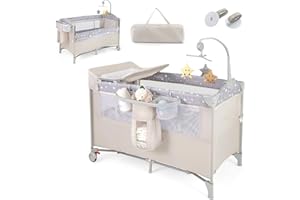 RELAX4LIFE 5 en 1 Cuna Infantil Bebe con 2 Ruedas Bloqueables, Cambiador, Correa Fijación, Caja de Música y 3 Juguetes Colgantes, Cuna con Colchón y Bolsa de Transporte para Bebés 0-36 Meses (Beige)