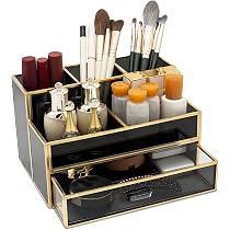 Support Pinceaux Maquillage HARLIANGXY Doré - Organisateur Cosmétiques En Verre Et Cuivre