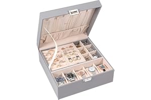 Voova Jewellery Box Organiser for Men Women Girls, Large Watch Storage Case, 2 Layer PU Leather Jewelry Display Holder with Removable Tray for Watches Sunglasses Rings Earrings Necklace, Gifts, Grey