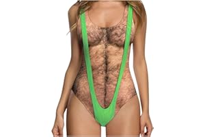Ewleguzka Women Funny Swimsuit Hairy Body Chest Printed Hippie Swimsuits Bathing Suit One Pieces Swimwear Monokini Funny Novelty Fake Muscles Beachwear Borat Swimsuit