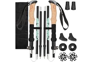 XINXINPHI 2Pcs Bastones Trekking Plegables Ligero Aluminio con Bolso & Mango Corcho Prueba Golpes, Soporte Marcha Nordica Ajustar Longitud 110-125cm para Mujeres Hombres Senderismo Viaje,Esquí,Alpinismo,Caminar