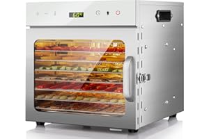 ‎KWASYO Kwasyo Dörrautomat Edelstahl, 8 Etagen mit 6er Dörrfolie, Rezeptbuch, BPA-frei, 30–90 ℃ Temperatureinstellung, max. 24 Stunden, Dörrautomat für Gemüse, Fleisch, Obst