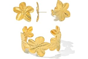 ZENGSING Breiter Damen Armspange, Gold Blumen Ringe Ohrstecker Armband Schmuck Set, Schmuckset für Damen und Mädchen, Geschenke zum Muttertag Geburtstag Weihnachten