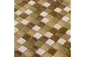 GENERIC Luxury Brown Beige, Bronze & Ivory Stone Mix Glass Mosaic Wall Tiles Sheet 8mm