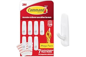 Command Crochet Standard Moyen Modèle, Blanc - Lot de 7 Crochets et 10 Languettes Moyennes - Pour Accrocher et Décorer Sans Abîmer