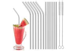 Gvolatee Paille Inox Reutilisable 12 Pcs (6 Droites + 6 Courbées), Pailles Bubble Tea 21cm avec 2 Brosses de Nettoyage, Paille Metal pour Cocktails, Lait Glacé, Thé, Milkshakes, Café Glacé