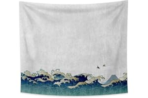 YONGFOTO 180x160cm Japonais Ukiyo-E Tapisserie Grande Vague Tenture Colline des Oiseaux Tapisserie pour Porche Tentures Décor Salon Dortoir Couvre-lit Art Mural