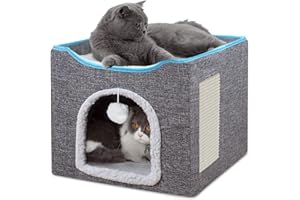 Ezigoo Cat Bed Foldable Cat House Cave with Clawsable Scratching Board and Fluffy Ball Indoor for Multi Small Pet 41 * 41 * 34cm Grey