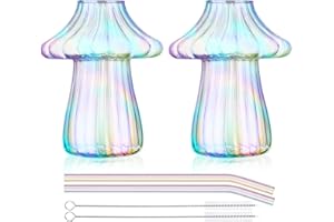 NiHome Lot de 2 tasses à cocktail en forme de champignon à rayures avec pailles assorties, grande capacité de 473,6 g, pour boissons, utilisation polyvalente comme décoration élégante ou vases, verre