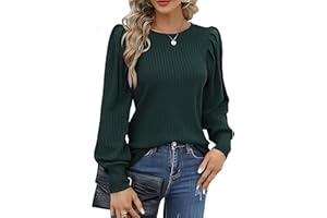 Hotouch Sweter damski, jesienny, okrągły dekolt, długi rękaw, sweter z dzianiny z bufiastymi rękawami, elegancki dzianinowy top, jednokolorowy, cienki sweter, casual, koszulka z długim rękawem, S-XXL