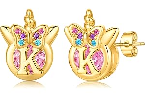 TINGN Christmas Gifts for Girls - Unicorn Earrings for Kids,Hypoallergenic S925 Sterling Silver Post Initial Earrings 14K Gold Plated Pink CZ Unicorn Stud Earring Christmas Gifts for Kids Girls