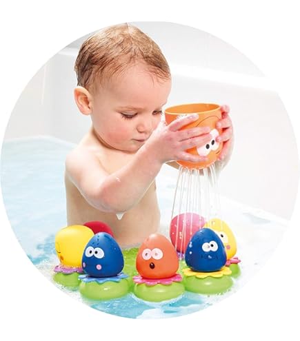 TOMY Toomies Poulpy 7-in-1 badactiviteiten, badspeelgoed voor baby's, badspeelgoed voor kinderen om in het water te spelen, grappige badaccessoires, geschikt voor kinderen vanaf 18 maanden, 2,3 en 4 jaar
