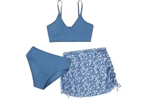 USAIBHIR Girls Swimsuit Bikini Set 3 Piece Bathing Suit Bikini with Skirt Cover Up Floral Printed Surfing Beach Swimwear 9-16 Years