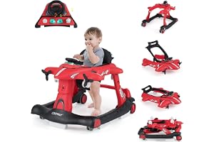 COSTWAY 6 i 1 Gåstol, Hopfällbar Gåvagn med Justerbar Höjd och Hastighet, Baby Walker, Flygplansmotiv med Avtagbar Musiklåda och Matbricka, Promenadfri Baby från 6 Månader