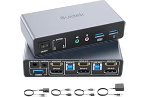 SUIDEK HDMI Displayport KVM Switch, 2 Computer 2 Monitore 4K@60Hz KVM Switcher Dual Monitor für 2 PC, 3 USB 3.0 Ports unterstützen Extended/Mirror Mode mit Desktop Controller&2 USB Kabel&Netzadapter