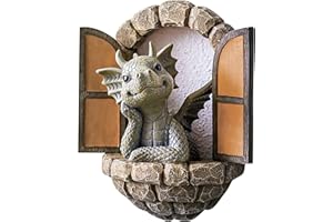 HOWADE Courtyard Dragon Sculpture Wall Decoration,Lovely Resin Garden Dragon Statue,Little Dragon Meditating in Front of The Window Art Figurines Decor Ornaments for Patio Yard