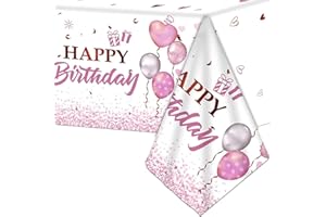 YAAVAAW 137*274cm Happy Birthday Disposable TableCloth Tablecover for Girls Her Birthday Party,Pink Birthday Rectangular Dining Table Cover Plastic Tablecloths for Baby Girls Women Birthday Party Decorations