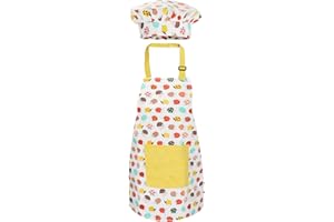 Jennice House Kids Apron and Chef Hat Set, Cute Children Baking Aprons for Boys and girls Cooking Artists Painting Gardening Aprons (Yellow Hedgehog, Small)