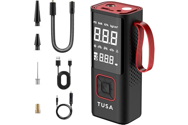 TUSA Cordless Tyre Inflator - 6000 mAh Battery - 2X Faster Inflation - Dual Mode (Battery & 12V Car Port), 150PSI Air Compressor for Cars, Bikes, Motorcycles, Balls, and Inflatables (Red)