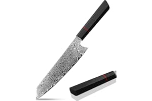 PLYS Coltello Damasco Kiritsuke Coltello da Cucina Affilato Giapponese: Coltello in Acciaio Damasco da 20 cm - Verdura, Professionale, Manico in Legno Nero