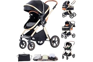 BEBBY Kinderwagen, Standard-Kinderwagen, Kinderwagen 3 in 1,Kinderwagen mit Faltbarem Tragbarem für Neugeborene aus Aluminium mit Beinabdeckung und Netz-H2-BLACK