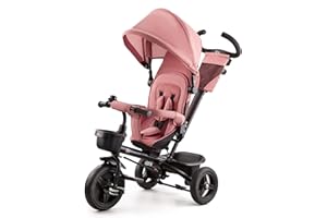Kinderkraft AVEO Trike from 9 Months to 5 Year, Tricycle with adjustable parent handle, Trike for baby kids toddler, Foldable, Free Wheel Function, Protection from Sun, Cupholder, Toy basket, Pink