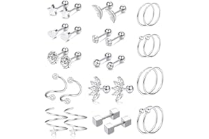 CASSIECA 10-14 Paires en Acier Inoxydable Argent Cartilage Oreille Boucles d'oreilles pour Femmes Filles Tragus Helix Boucles d'oreilles Rose Fleur Feuilles Conque Dos Plat Bijoux Piercing Set