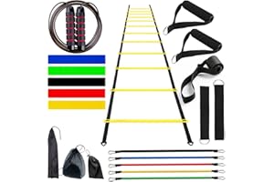 NIUNIAJ Entrainement Football Kit,Football Accessoire Échelle de D'agilité 6 m-12 échelons 5 Bande Elastique Fitness,5 Bande de Resistance,1Corde à Sauter,Kit Entrainement Foot